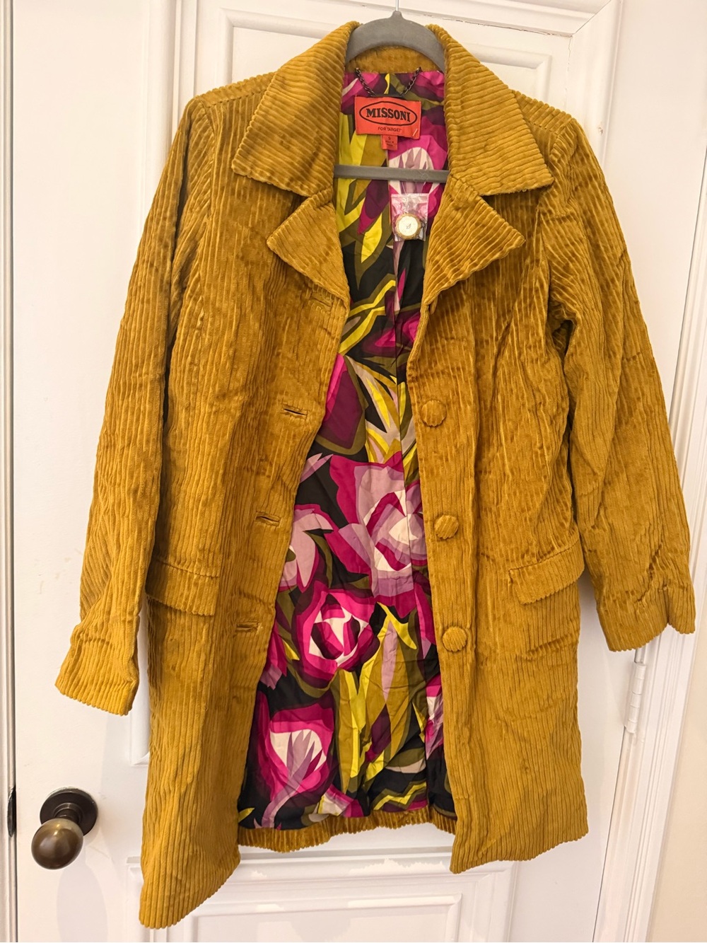 Missoni Mustard Yellow Corduroy Trench Coat with Floral Lining